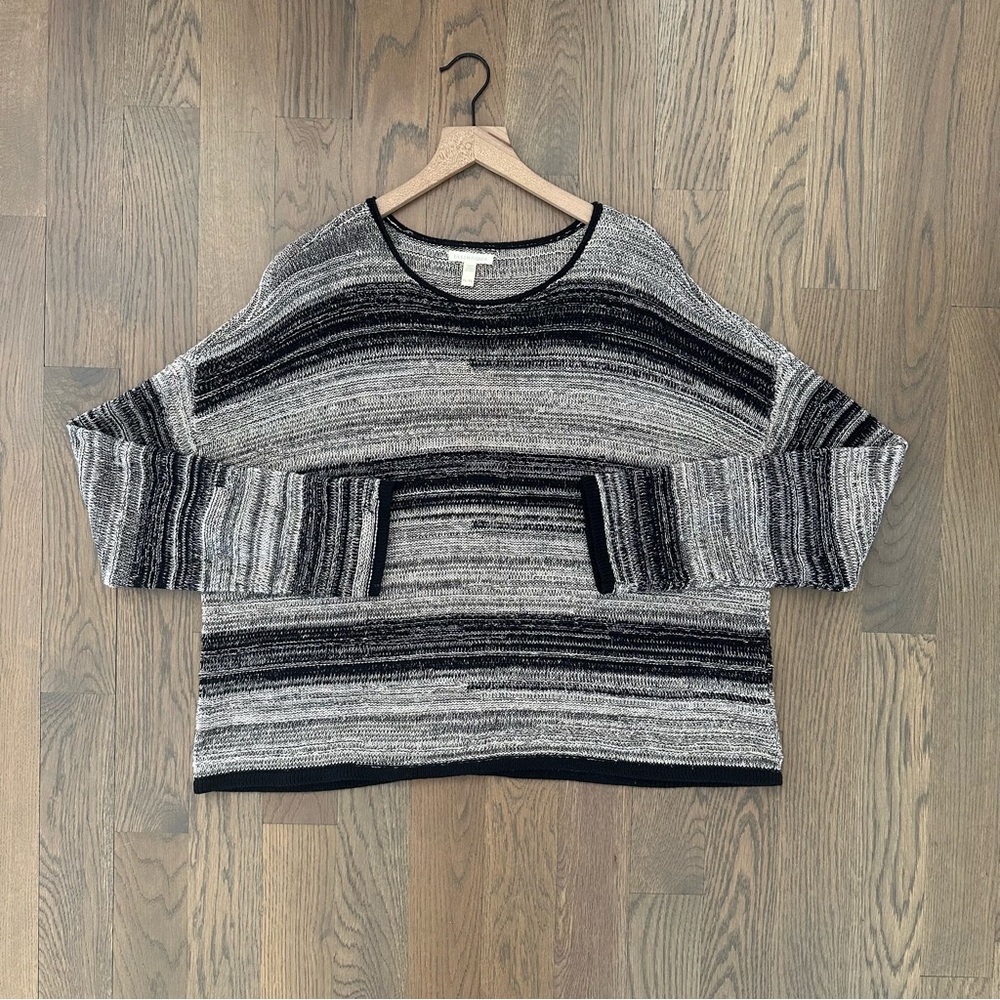 Eileen Fisher Variegated Stripe Linen/Wool Round Neck Crop Sweater Black Tan XL